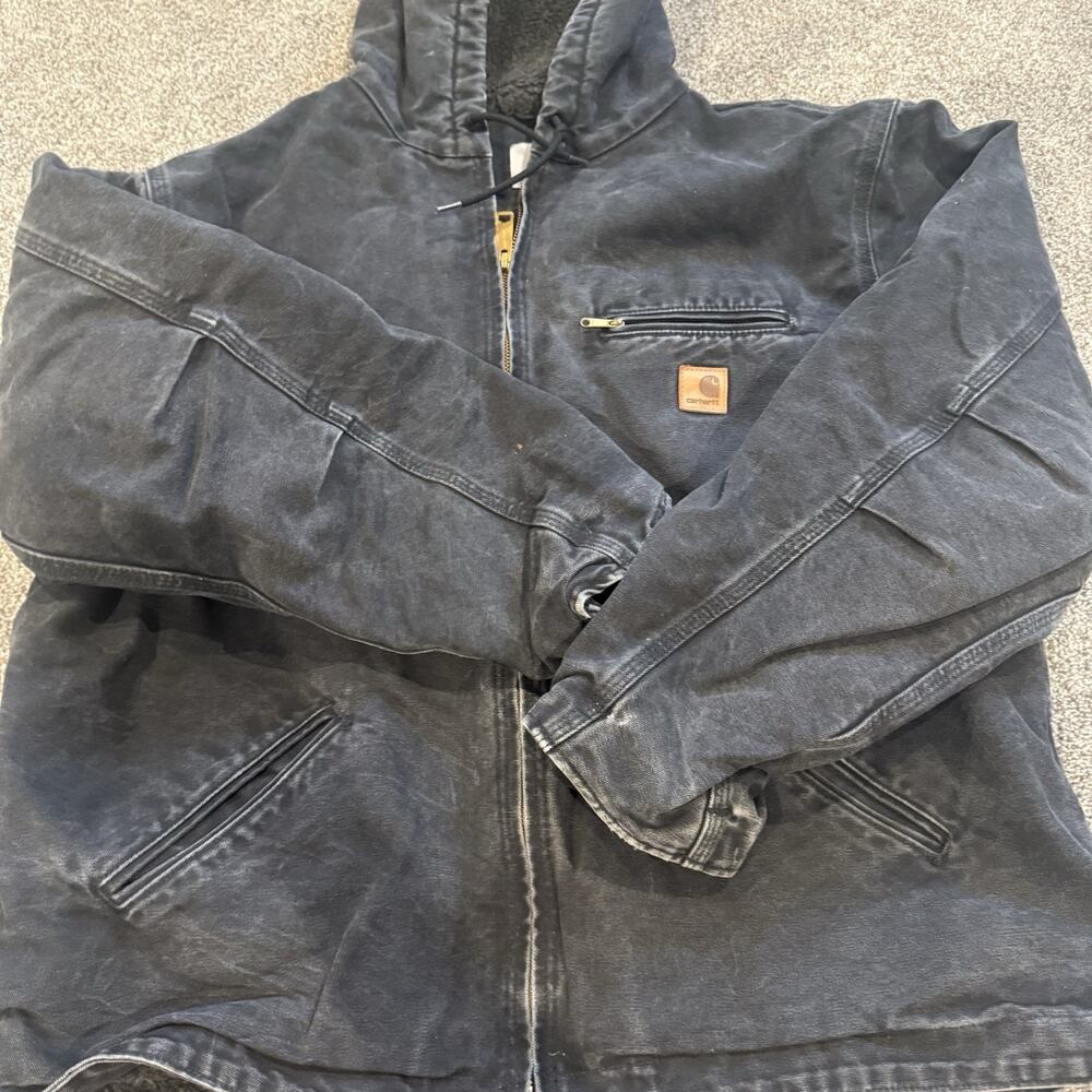 Y2K Distressed Carhartt J141 Black Men's Canvas Sherpa Lined Hooded Work Coat XL - Picture 8 of 10